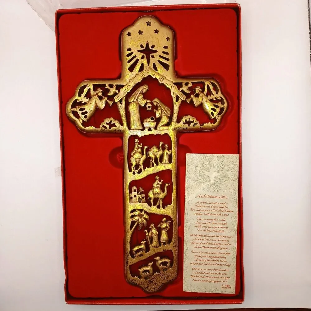 Christmas Cross Nativity Scene Wall Hanging Gilded R. Fogle Dicksons New in Box